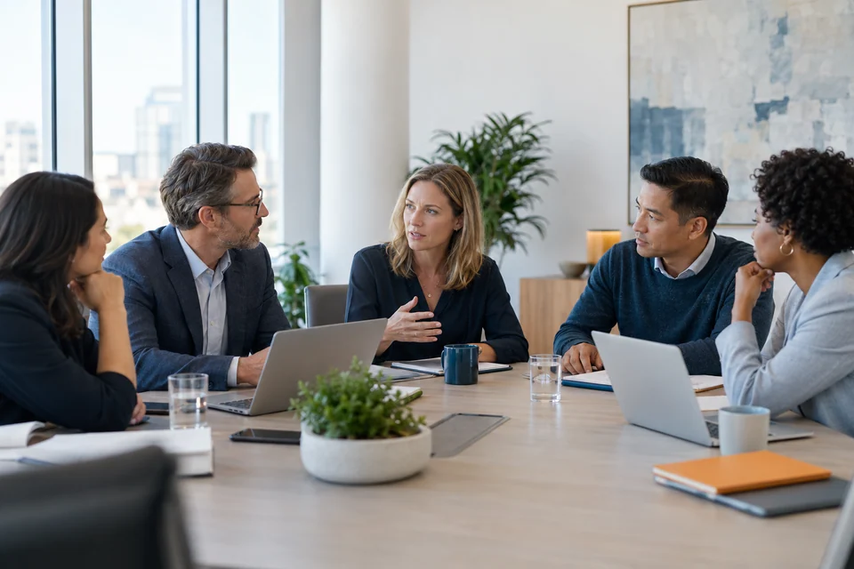 Illustrative scene of business leaders in conversation around a table, not actual Circle members